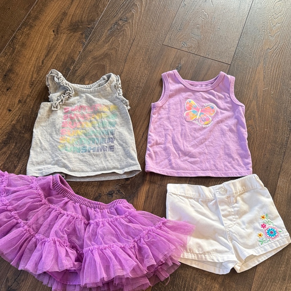 Girls size 12 months lot Purple Layered Tutu Skirt, white shorts and tank top